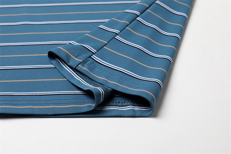 VaultHaus business casual short sleeve polo in blue with stylish striped design