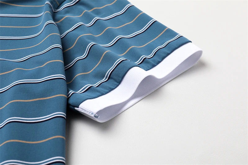 Stylish turquoise and white striped business casual short sleeve polo by VaultHaus with comfortable fabric