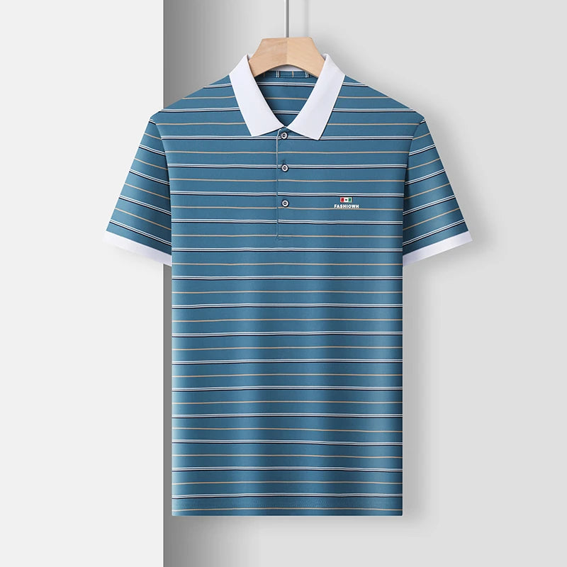 VaultHaus Business Casual Short Sleeve Polo in Blue with White Stripes and Collar