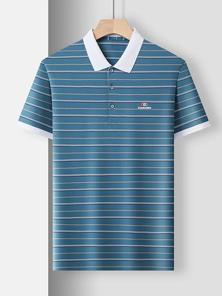 VaultHaus business casual short sleeve polo in blue with horizontal stripes and a classic collar