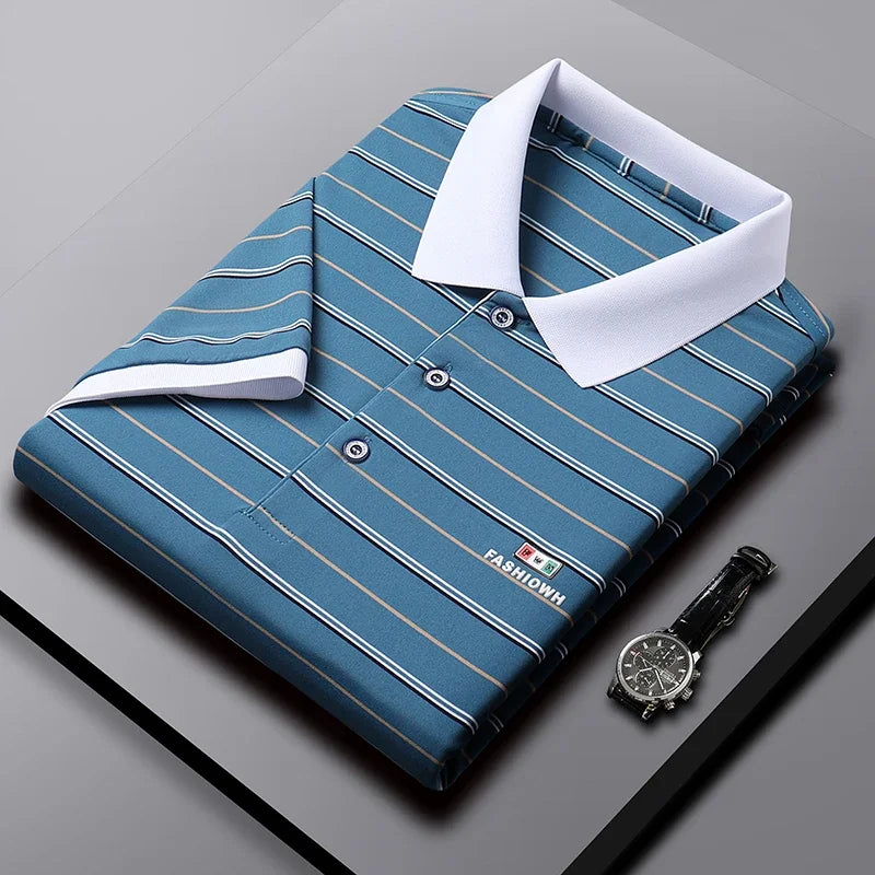 VaultHaus business casual short sleeve polo in blue stripes folded with a black watch