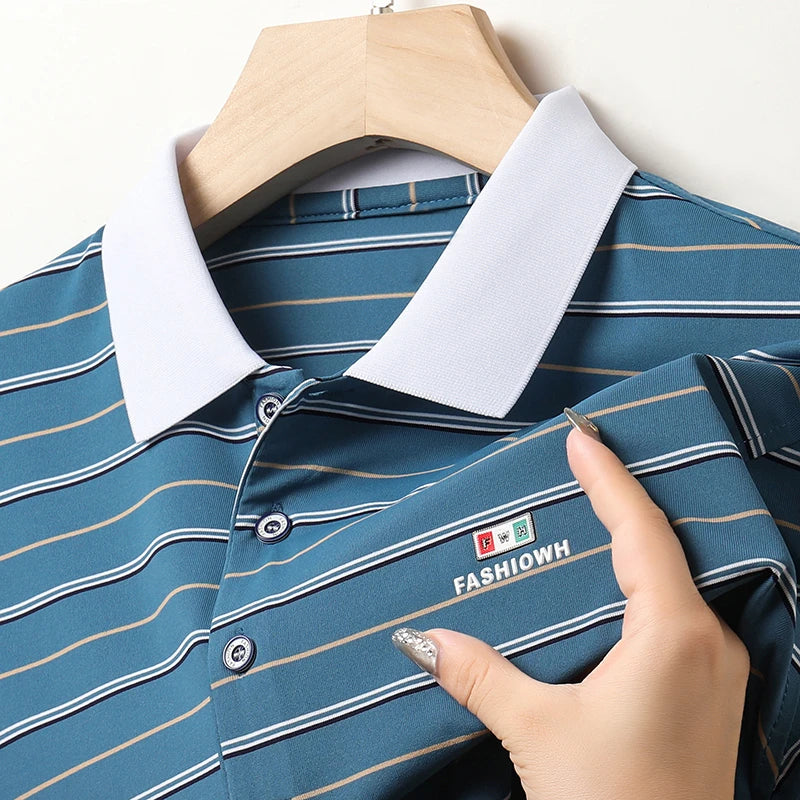 VaultHaus business casual short sleeve polo in blue with striped design and collar
