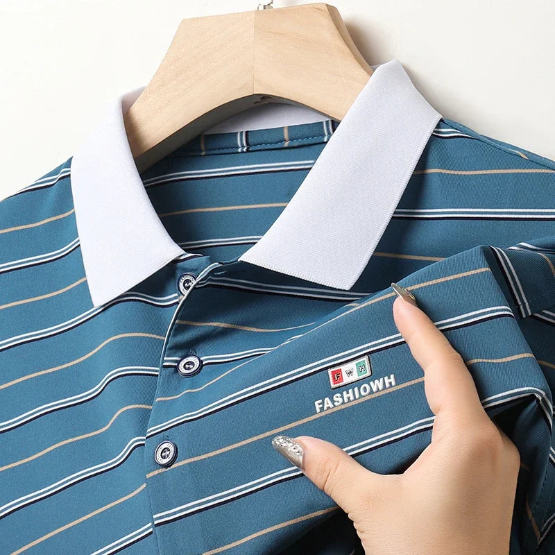 VaultHaus business casual short sleeve polo in teal with white stripes and classic collar design