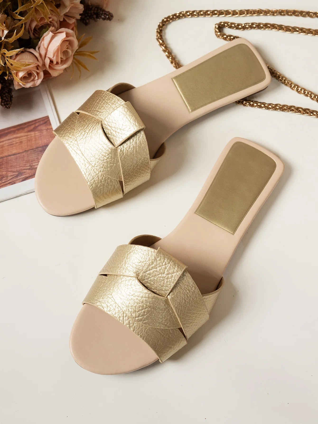 Stylish VaultHaus flat designer sandals 2025 with a gold woven strap for fashionable summer wear