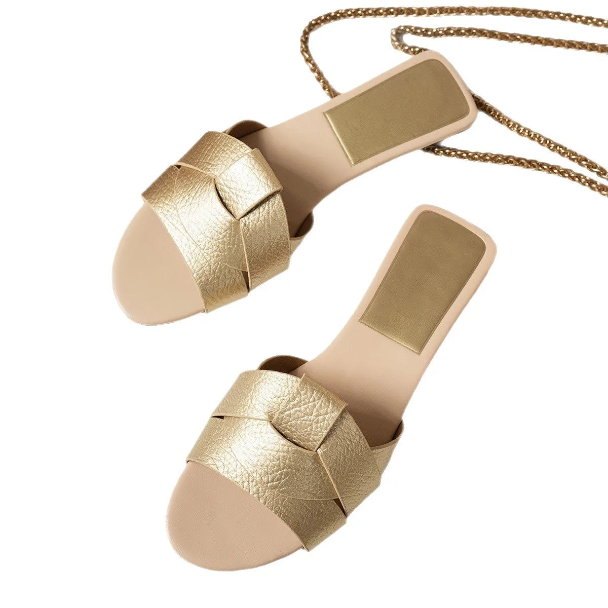 Stylish gold flat designer sandals 2025 with a chic woven strap design for comfortable summer wear