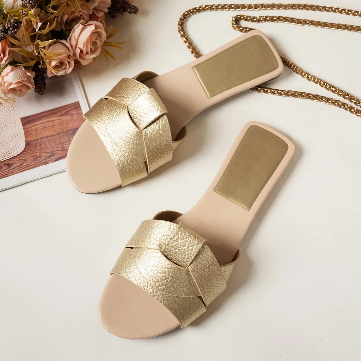 Stylish VaultHaus flat designer sandals 2025 with elegant gold straps for comfortable summer wear