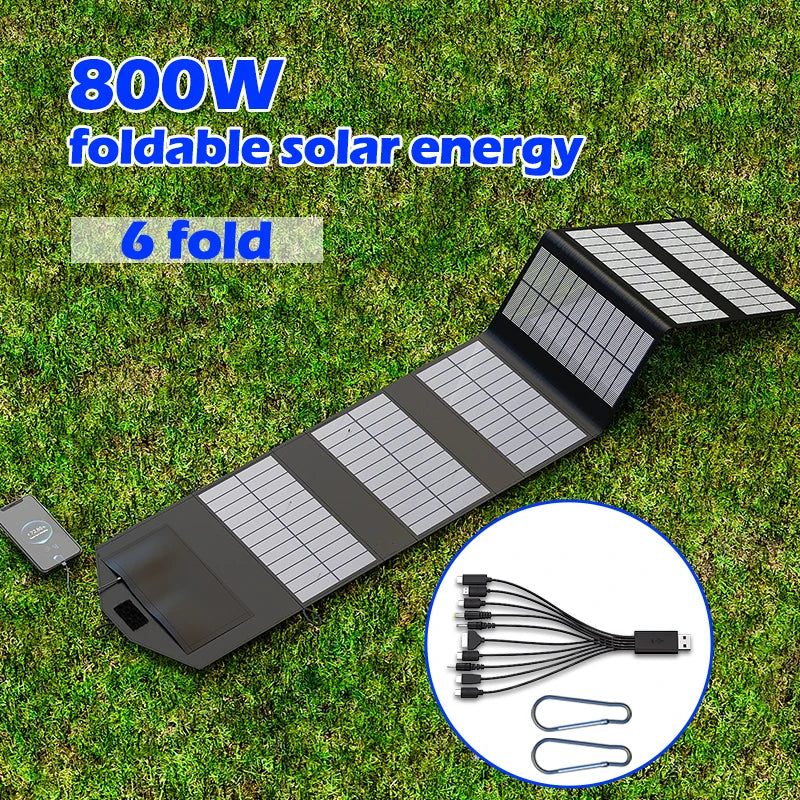 VaultHaus 800W camping portable solar panel charger foldable with six panels and multiple charging connectors