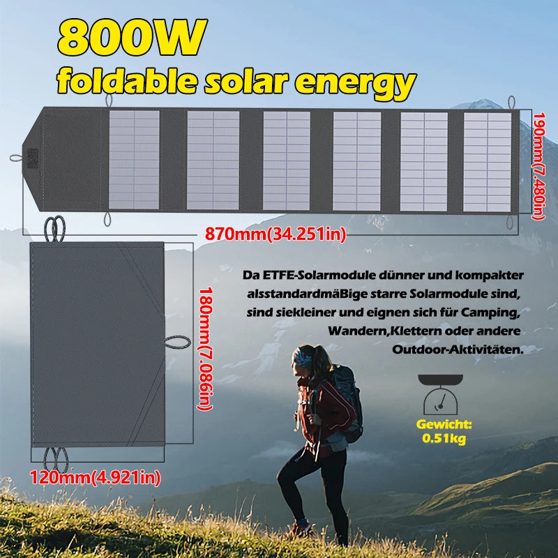 VaultHaus 800W foldable camping portable solar panel charger with compact design for outdoor use