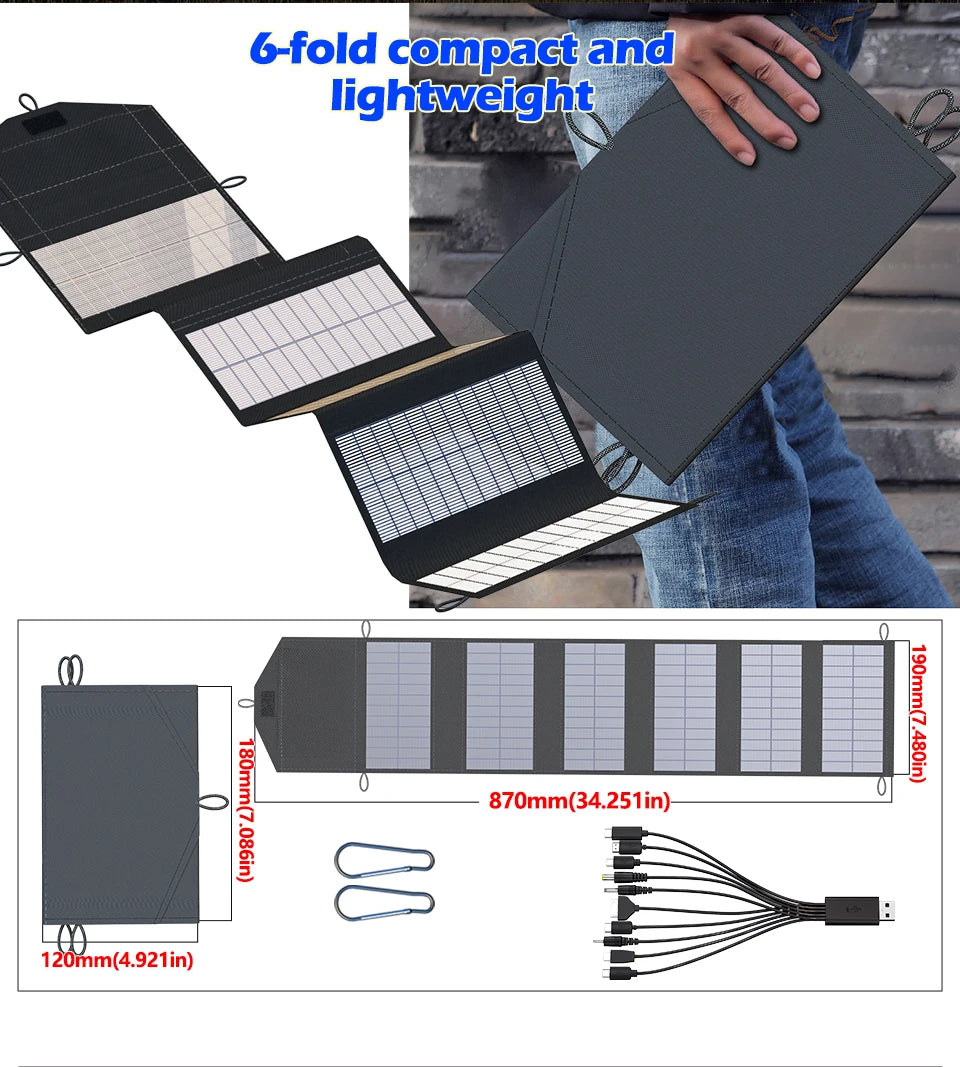 VaultHaus camping portable solar panel charger with 6-fold compact lightweight foldable design and multiple USB connectors