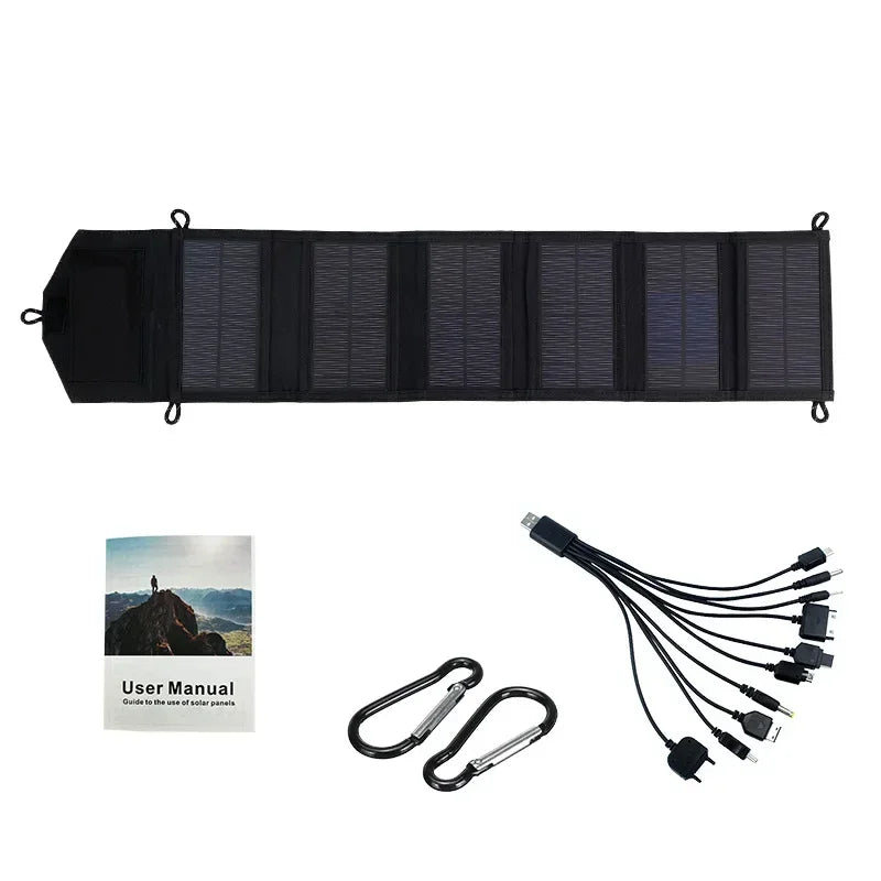 VaultHaus camping portable solar panel charger with multiple connectors, carabiners, and user manual