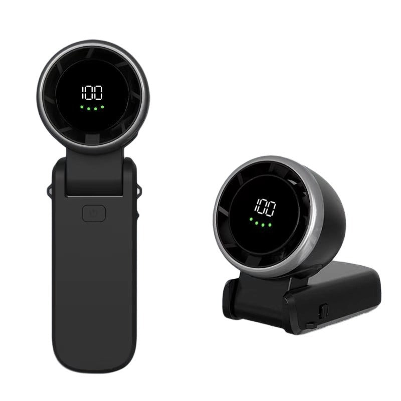 VaultHaus handheld turbo fan in black with digital display showing speed settings