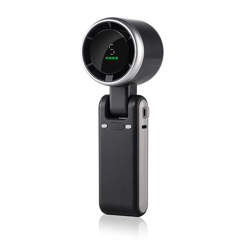 VaultHaus sleek black handheld turbo fan with digital display and foldable design