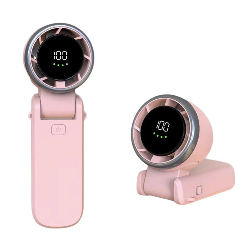 VaultHaus pink handheld turbo fan with digital display showing speed and compact foldable design
