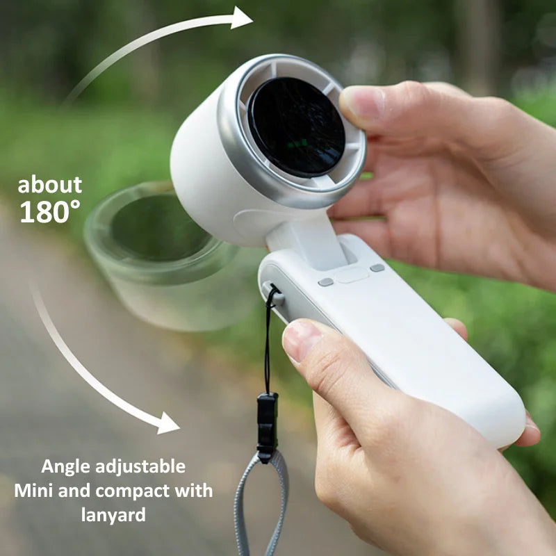 VaultHaus handheld turbo fan with adjustable 180 degree angle and compact design with lanyard