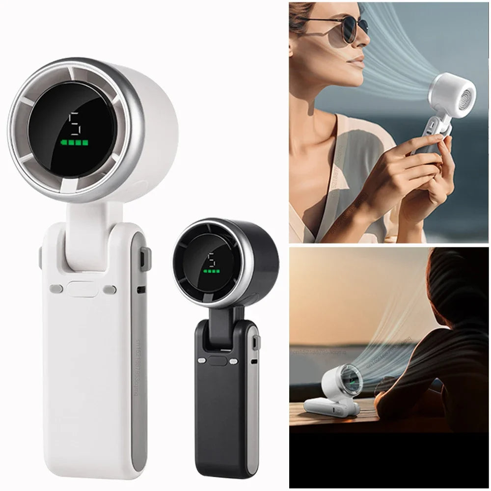 VaultHaus handheld turbo fan in white and black with digital display shown in use outdoors