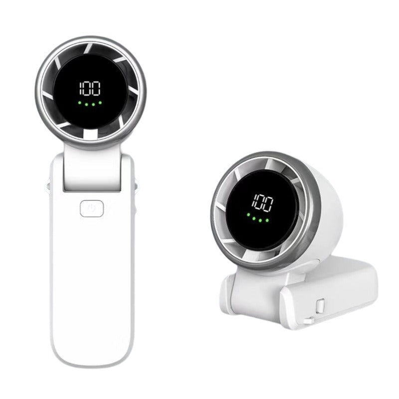 VaultHaus handheld turbo fan in white with digital display showing battery level and foldable design