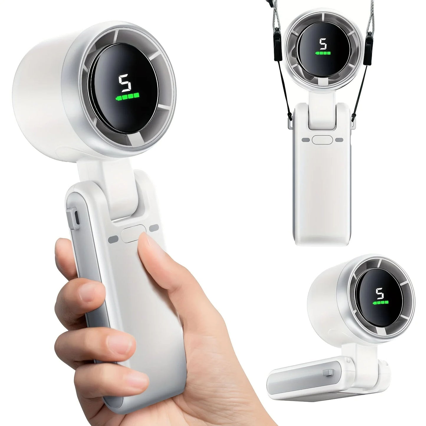 VaultHaus handheld turbo fan in white with digital display and foldable design shown in multiple angles
