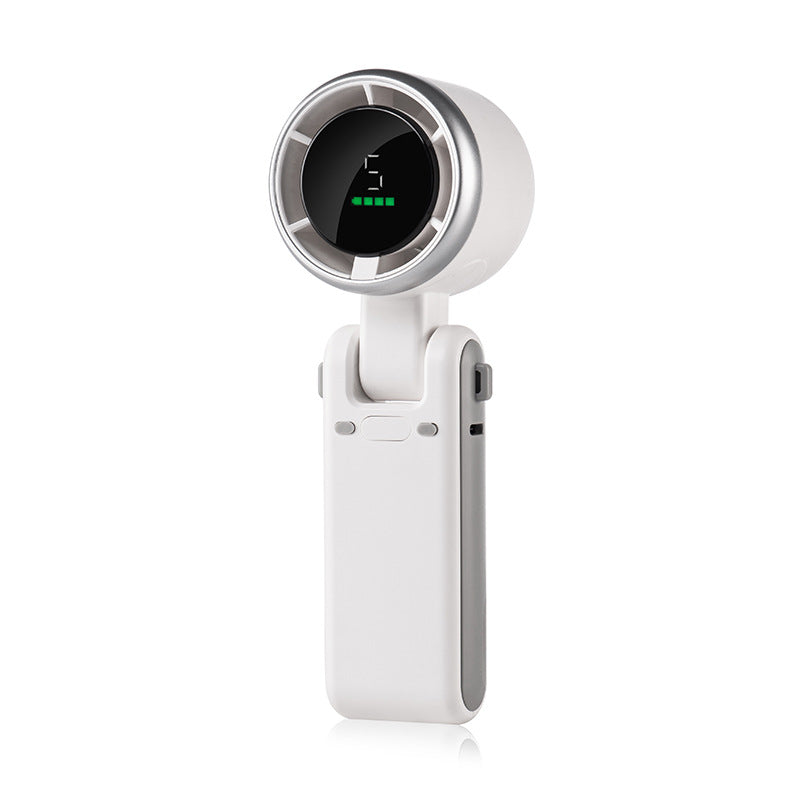 VaultHaus handheld turbo fan in white with digital display and compact foldable design