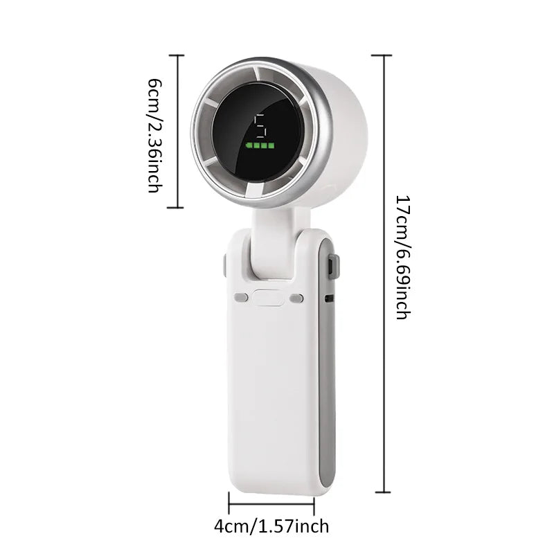 VaultHaus handheld turbo fan in white with digital display and compact foldable design.