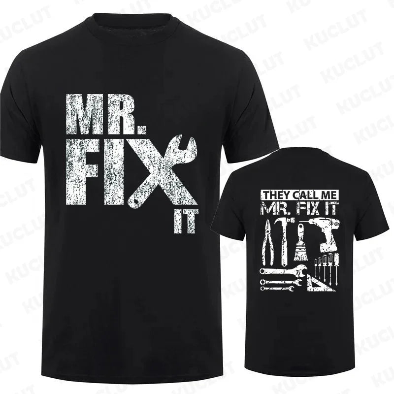 Handyman dad t-shirt featuring Mr. Fix It graphic in distressed style on black fabric