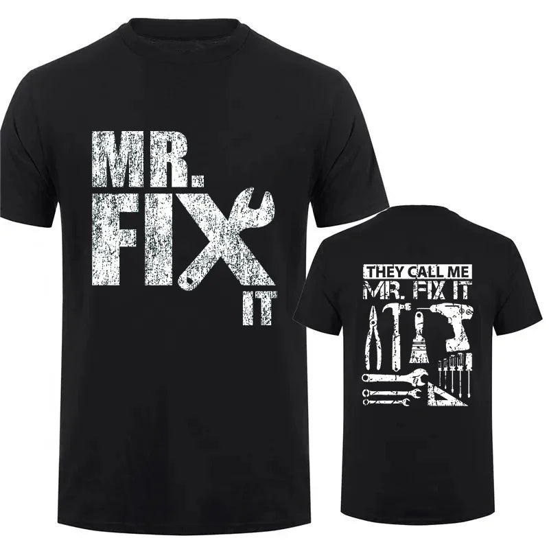 VaultHaus Handyman Dad T-Shirt in Black with Mr Fix It Graphic Design on Front and Back