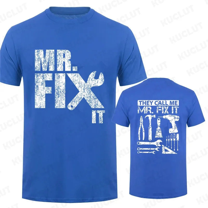 Mr. Fix It Handyman Dad T-Shirt in Blue with Wrench and Tools Graphic Design