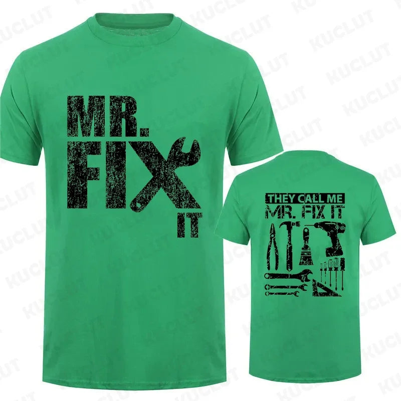 Green Handyman Dad T-Shirt featuring 'Mr. Fix It' graphic and tool designs