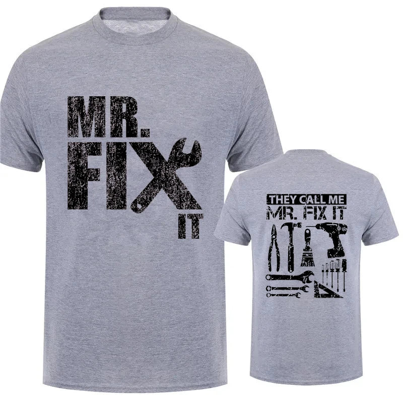 Gray handyman dad t-shirt featuring 'Mr. Fix It' graphic on front and tool design on back