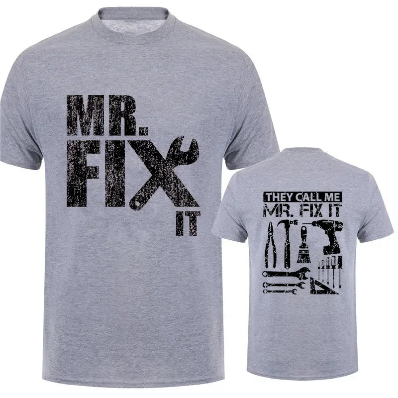 Gray handyman dad t-shirt featuring Mr. Fix It graphic on front and tool designs on back