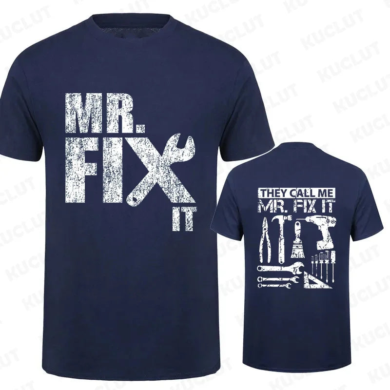 Mr Fix It handyman dad t-shirt featuring bold graphic design and tool motifs for DIY enthusiasts