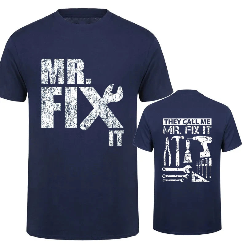 Navy Handyman Dad T-Shirt with Mr. Fix It Print and Tool Designs for DIY Enthusiasts