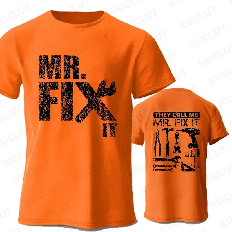 Mr Fix It Handyman Dad T-Shirt in Orange Featuring Tool Graphics on Front and Back