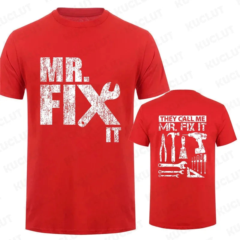 Red handyman dad t-shirt featuring bold text and tool graphics, perfect for DIY enthusiasts