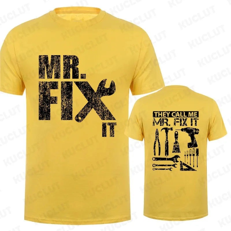 Yellow handyman dad t-shirt featuring bold 'Mr. Fix It' graphic on the front and tool design on the back