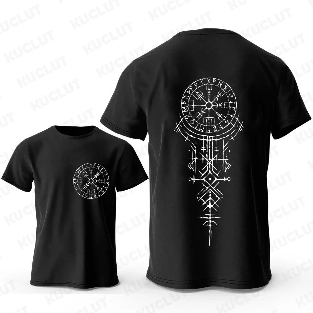 Black Viking runic compass t-shirt featuring a white intricate design on the back