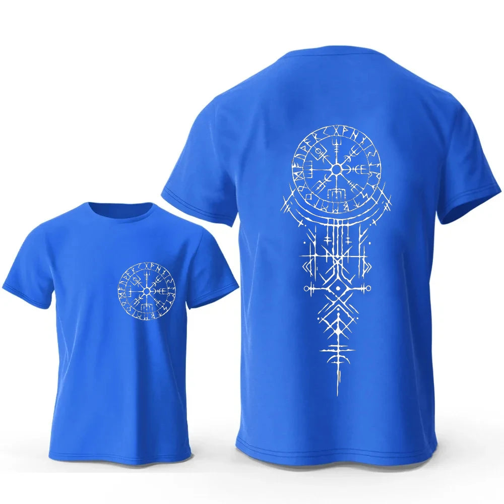 Viking runic compass t-shirt in blue featuring intricate rune designs on the back