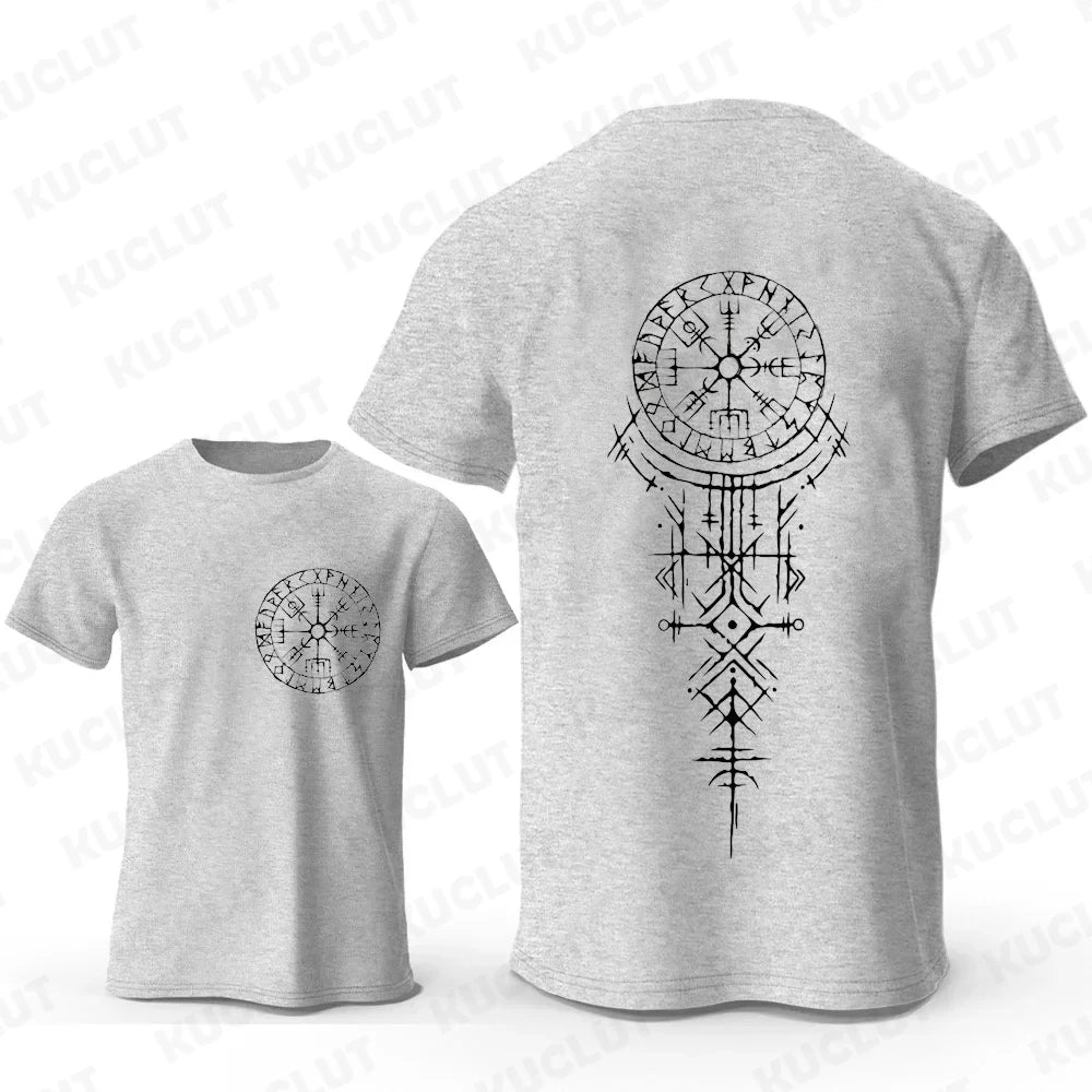 Gray Viking runic compass t-shirt featuring intricate Norse designs on the back