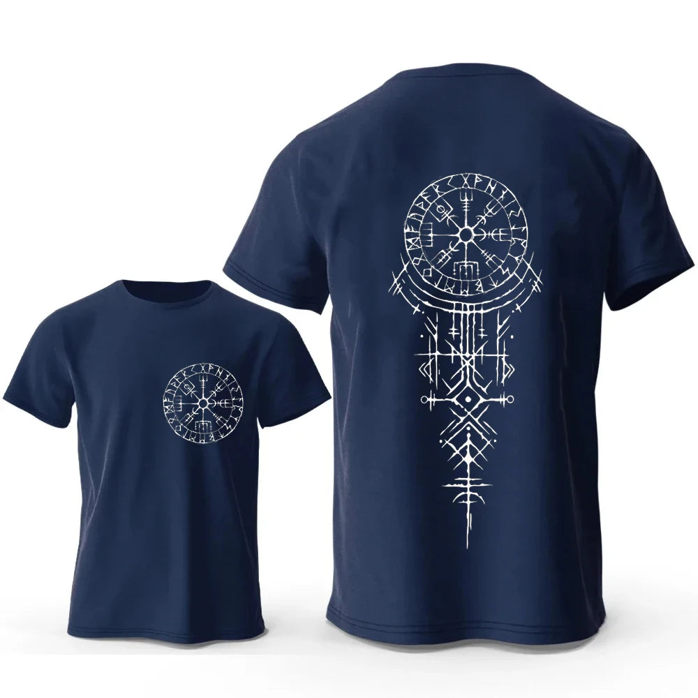 Navy Viking runic compass t-shirt featuring intricate graphic design on the back and front
