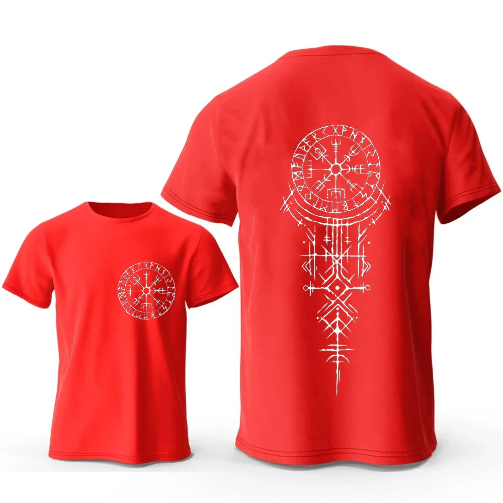 Viking runic compass t-shirt in red featuring intricate designs on the front and back for fashion lovers