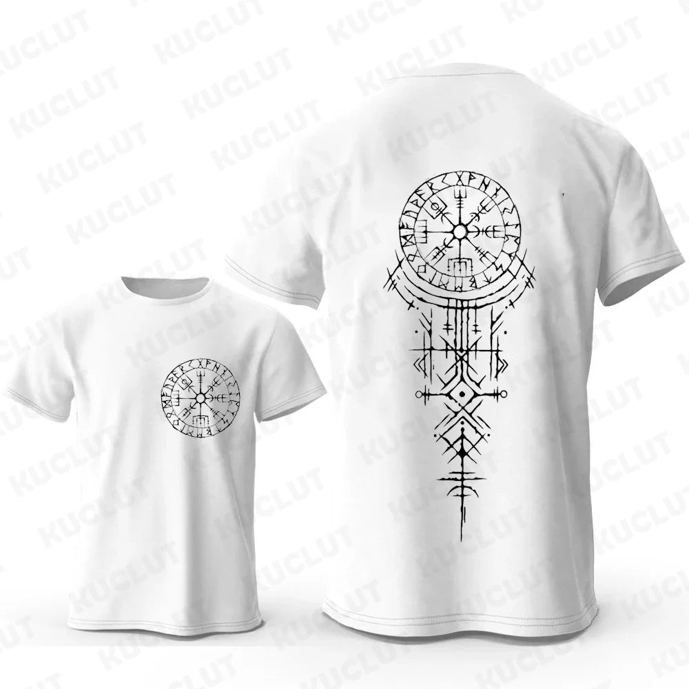Viking runic compass t-shirt in white featuring intricate Norse designs on the back