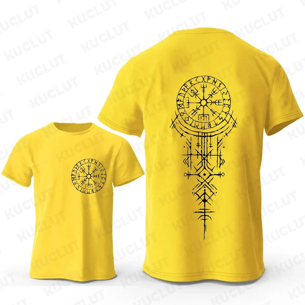 Yellow Viking runic compass t-shirt featuring a bold design on the back for a stylish look