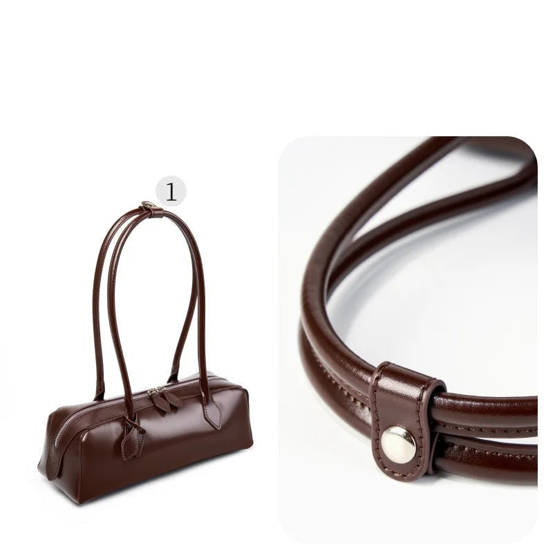 Stylish VaultHaus ladies baguette shoulder bag in brown with elegant long straps for everyday use