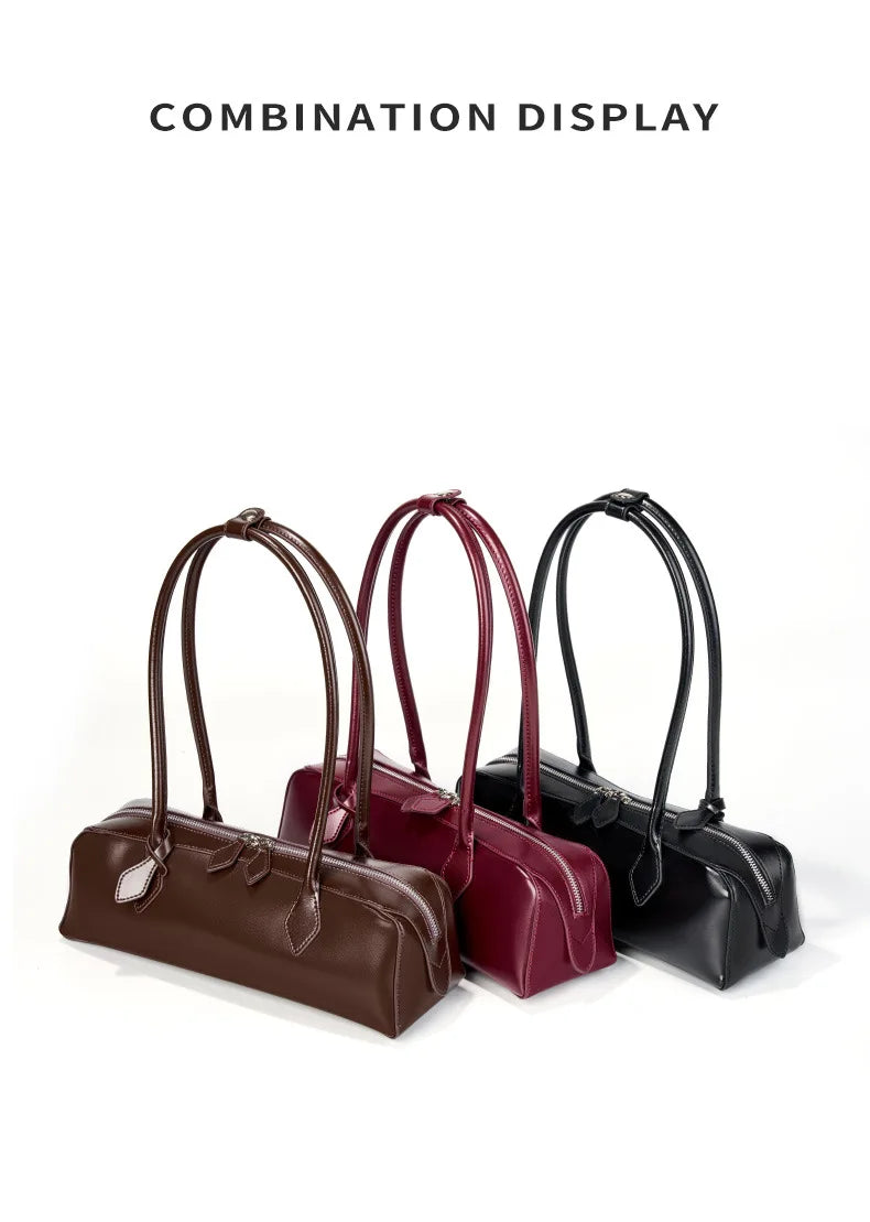 Stylish ladies baguette shoulder bag collection in brown, burgundy, and black colors