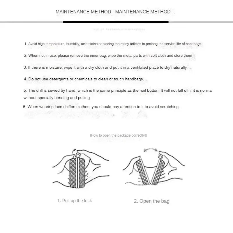 Instructions for maintaining ladies luxury evening purse with care tips and storage guidelines
