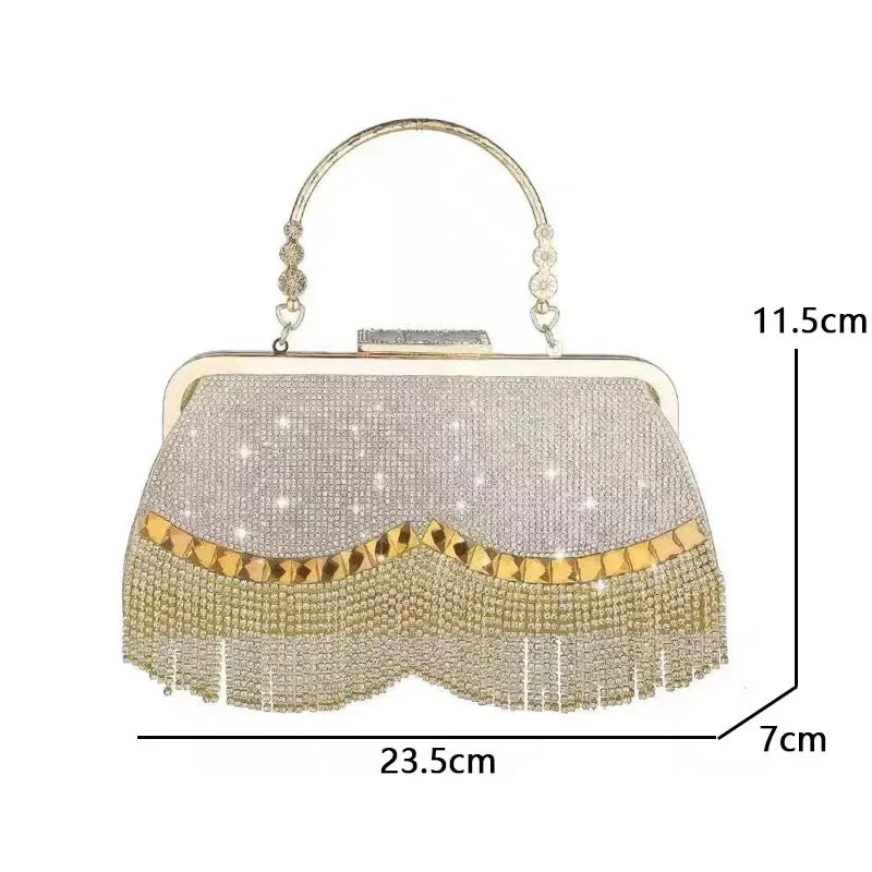 Ladies luxury evening purse with sparkling rhinestones and elegant fringe detail for formal occasions