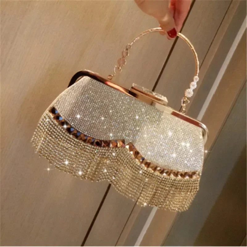 VaultHaus ladies luxury evening purse with sparkling rhinestones and elegant handle for special occasions