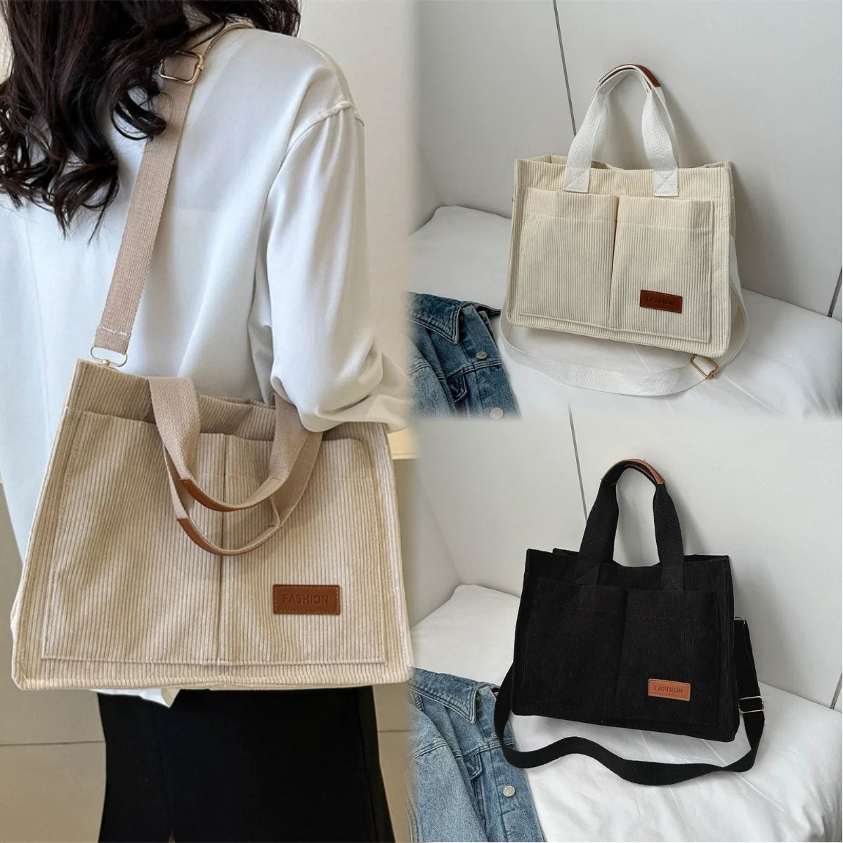 Large capacity canvas handbag from VaultHaus in beige and black options, perfect for everyday use.