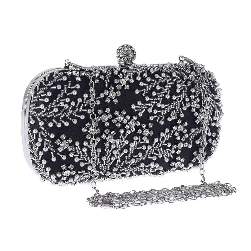 VaultHaus black pearl embellished evening clutch bag with silver chain and intricate beadwork