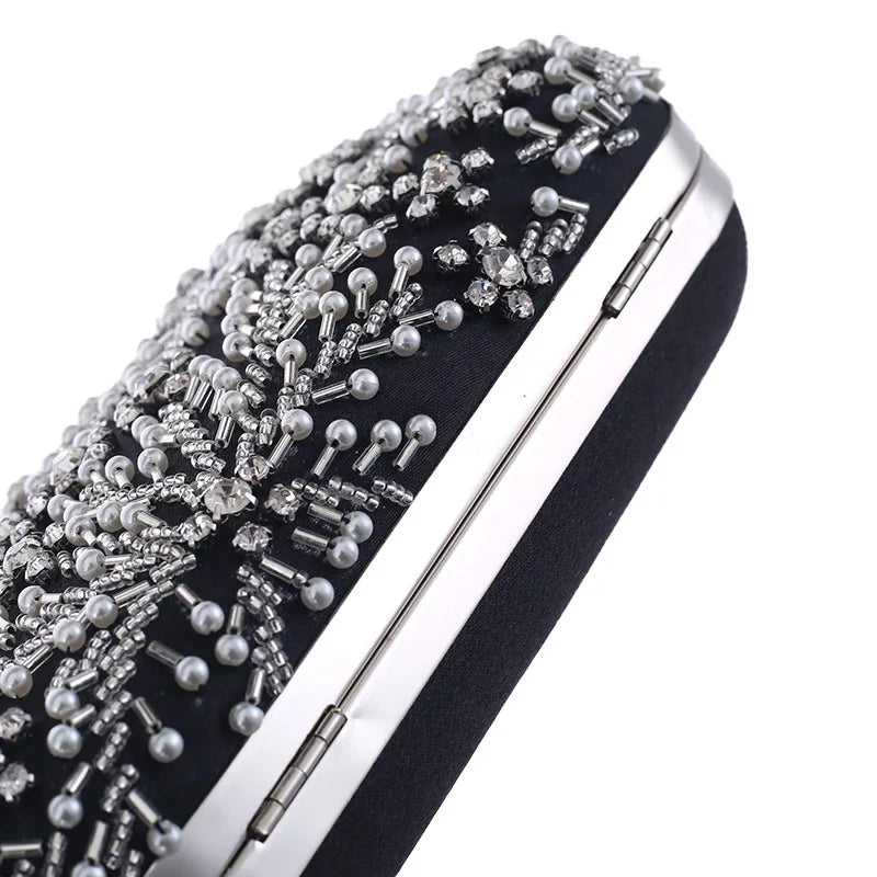 VaultHaus black pearl embellished evening clutch bag with intricate beadwork and silver frame