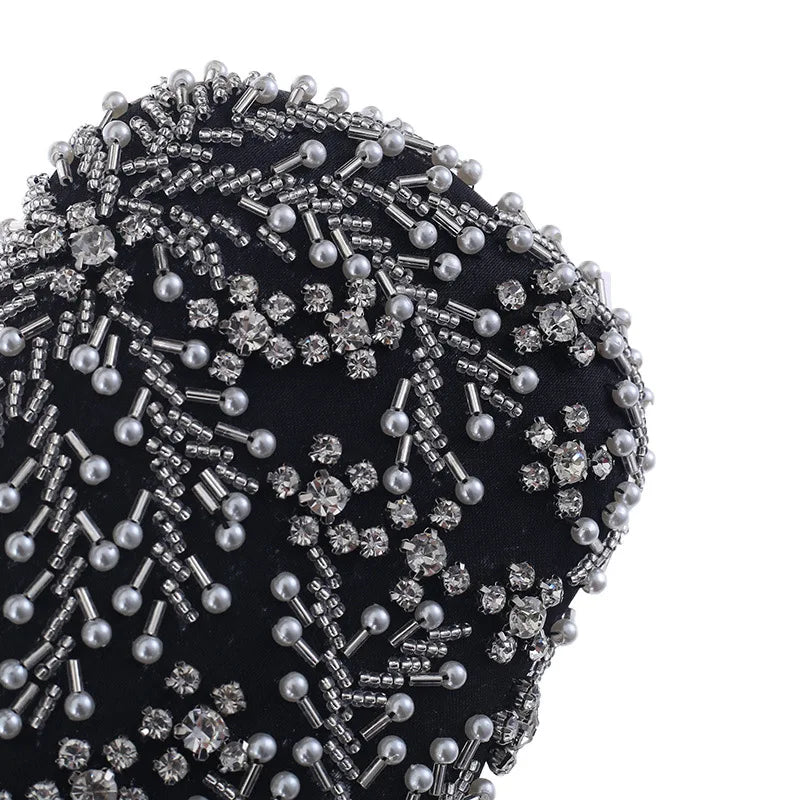 VaultHaus black pearl embellished evening clutch bag with intricate bead and crystal detailing